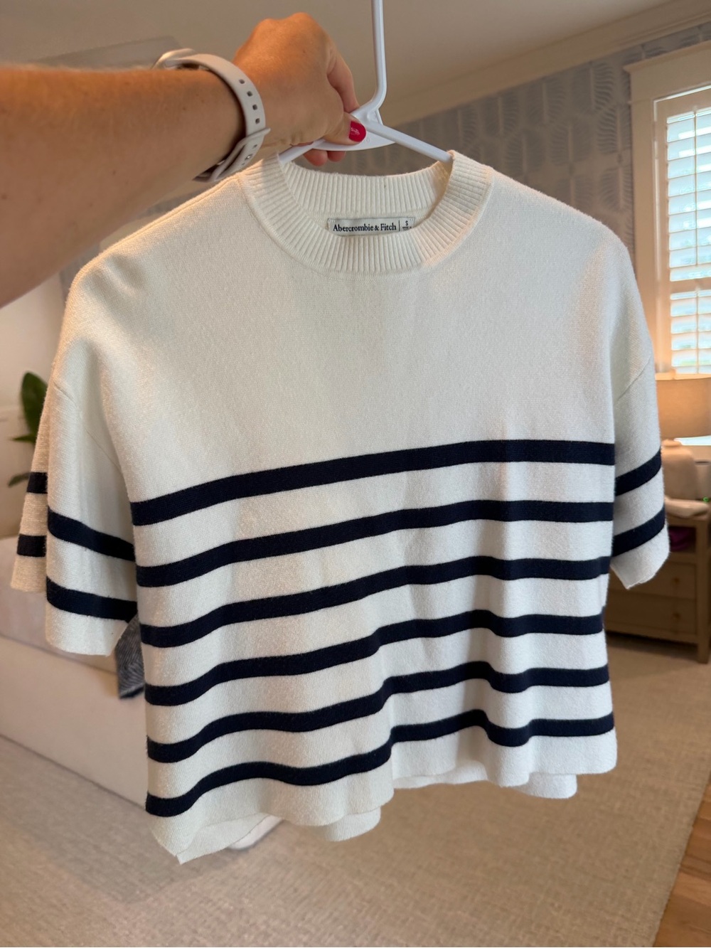 Abercrombie & Fitch Cream and Navy Striped Short Sleeve Crew Top